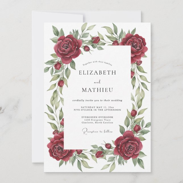 Crimson Antique Rose Wreath Wedding Invitation (Front)