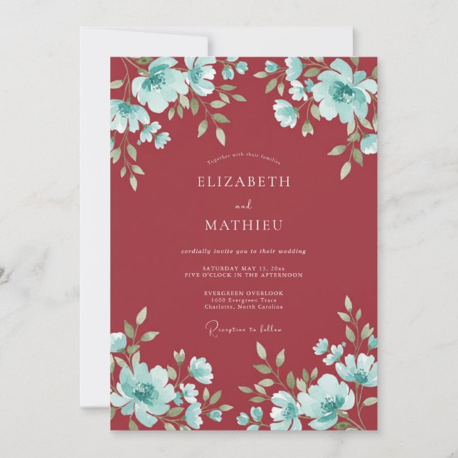 Crimson Aqua Bloom Wedding Invitation (Front)