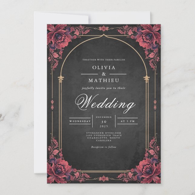Crimson Arch Floral Romance Wedding Invitation (Front)