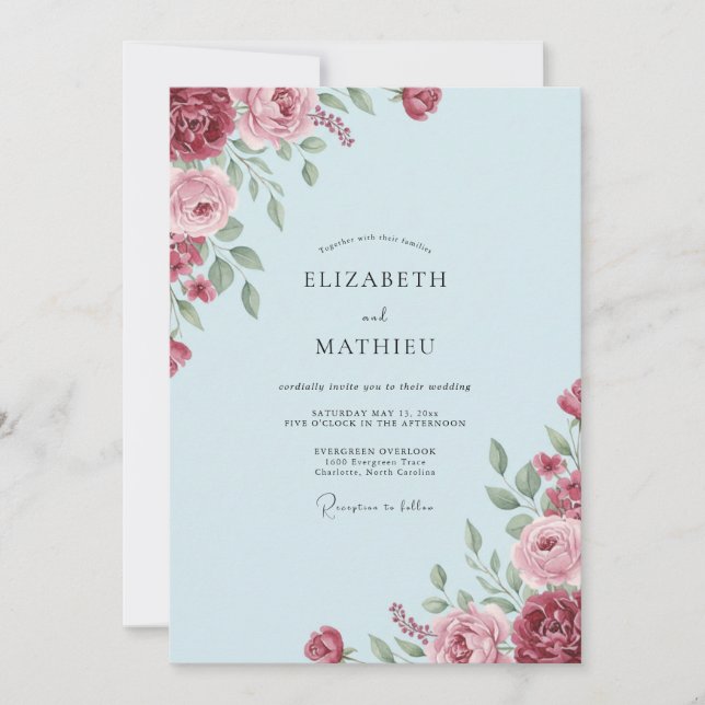 Crimson Azure Ranunculus Dusty Eucalyptus Wedding Invitation (Front)