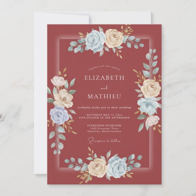 Crimson Azure Ranunculus Grey Eucalyptus Wedding Invitation (Front)