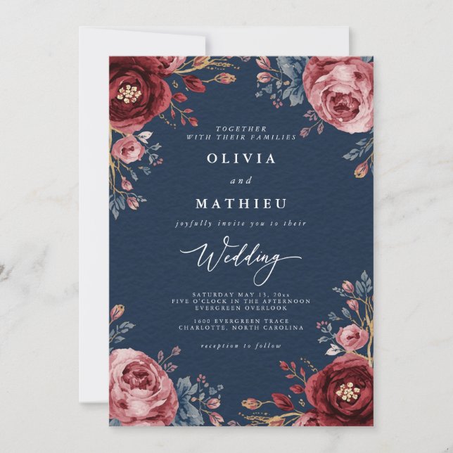 Crimson Bloom Botanical Romance Wedding Invitation (Front)