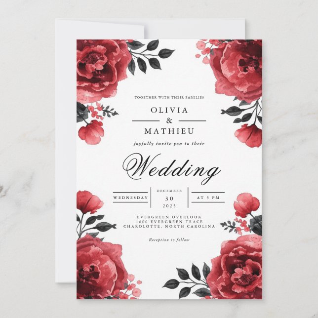Crimson Bloom Floral Accent Wedding Invitation (Front)