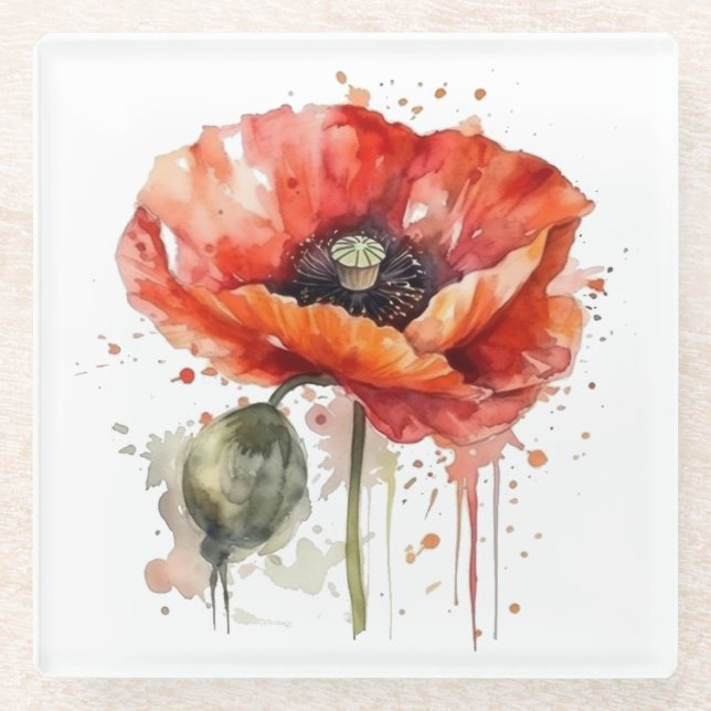 Crimson Bloom Glass Coaster (Front)