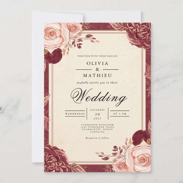 Crimson Bloom Romantic Floral Wedding Invitation (Front)