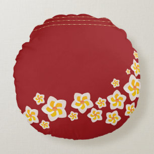 Crimson Bloom: Tropical Plumeria Round Cushion
