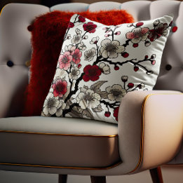 Crimson Blossom Elegance - Japanese-Inspired Flora Cushion