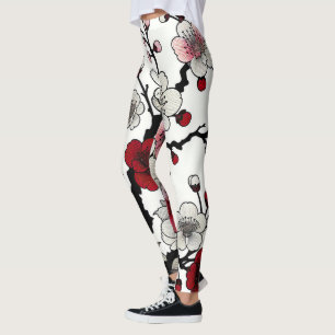 Crimson Blossom Elegance - Japanese-Inspired Flora Leggings