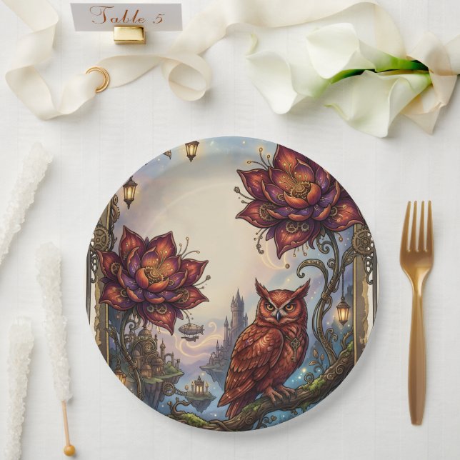 Crimson Blossoms & Mystical Owl. Paper Plate (Wedding)