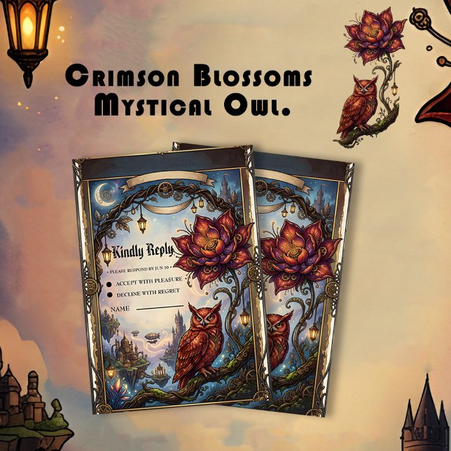 Crimson Blossoms & Mystical Owl.  RSVP Card (Creator Uploaded)