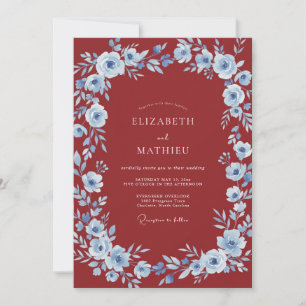 Crimson Blue Floral Romantic Wedding Invitation