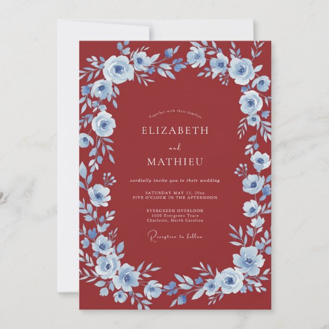 Crimson Blue Floral Romantic Wedding Invitation (Front)