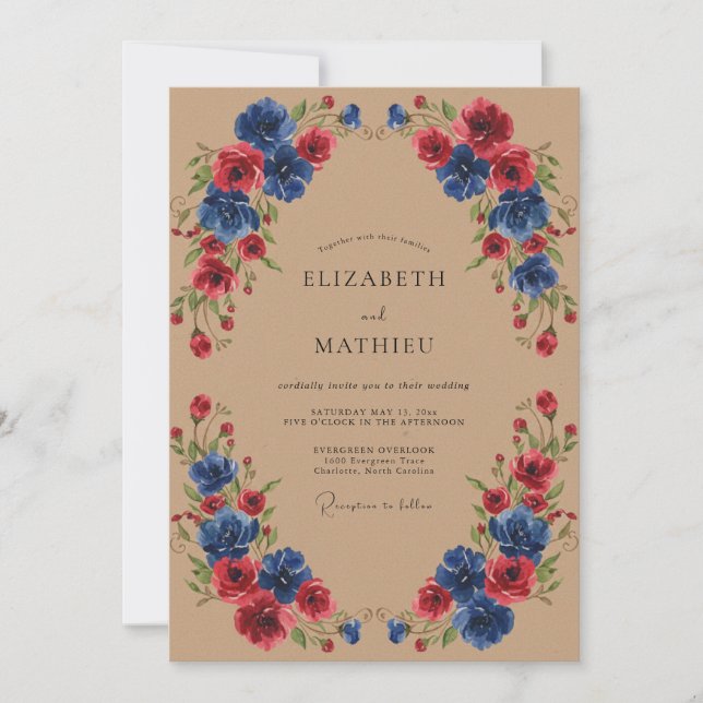 Crimson Blue Painterly Blossom Wedding Invitation (Front)