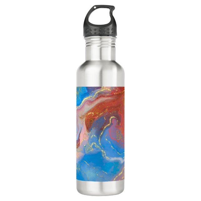 Crimson, Blush, Blue and Gold Marbled Alcohol Ink 710 Ml Water Bottle (Front)