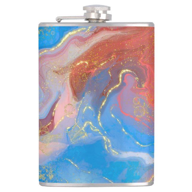 Crimson, Blush, Blue and Gold Marbled Alcohol Ink Hip Flask (Front)