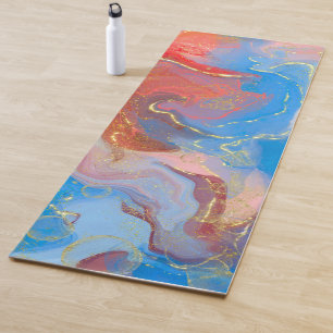 Crimson, Blush, Blue and Gold Marbled Alcohol Ink Yoga Mat