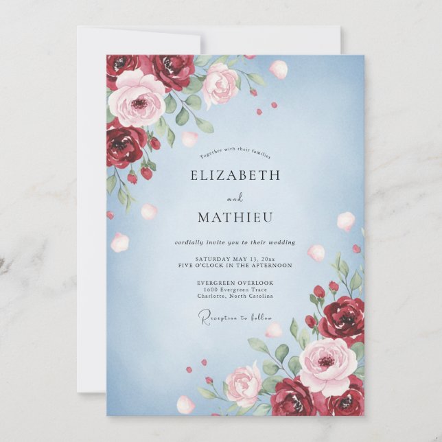 Crimson Blush Ranunculus Eucalyptus Wedding Invitation (Front)