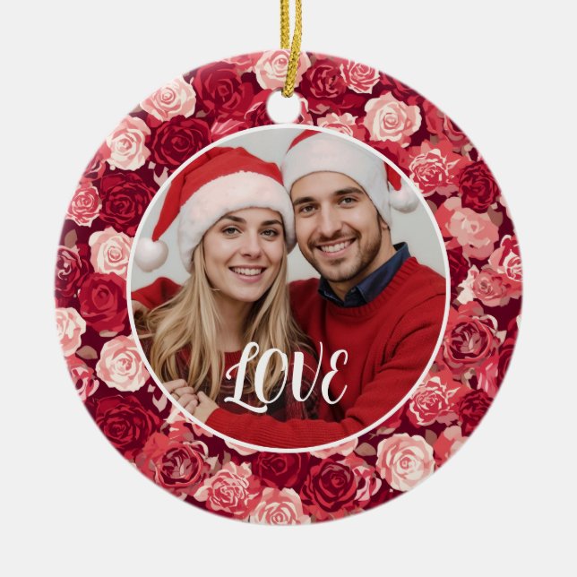 Crimson & Blush Seamless Rose Pattern Ceramic Tree Decoration (Front)