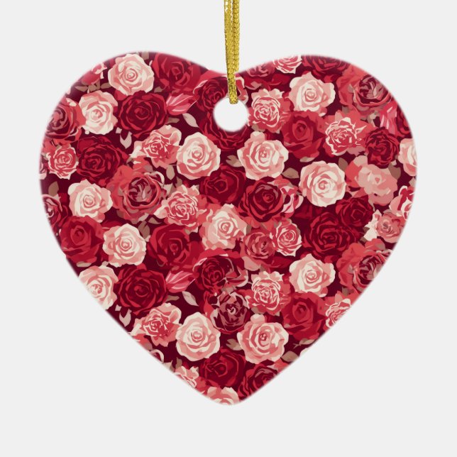 Crimson & Blush Seamless Rose Pattern Ceramic Tree Decoration (Front)