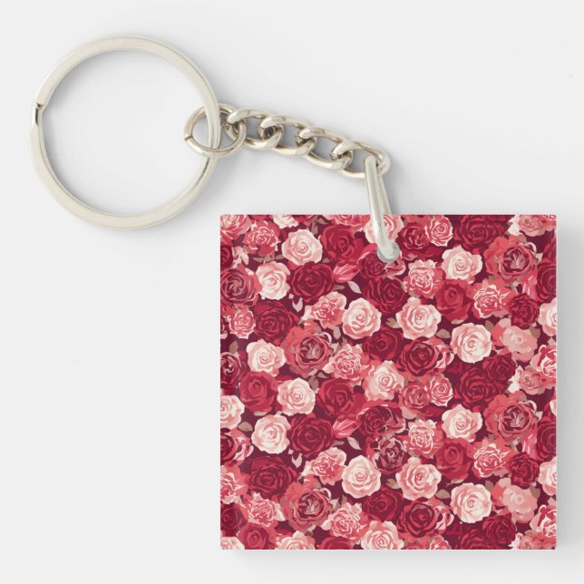 Crimson & Blush Seamless Rose Pattern Key Ring (Front)