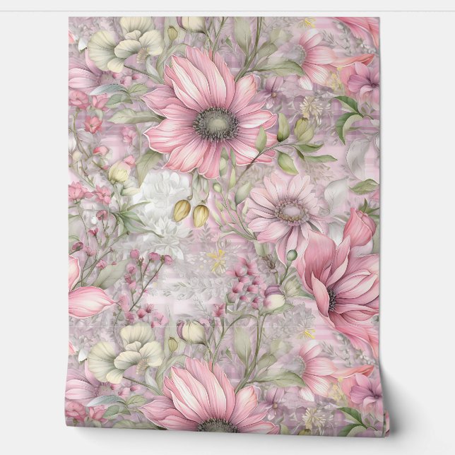 Crimson Blush Serenade Botanical Wallpaper (Unrolling)