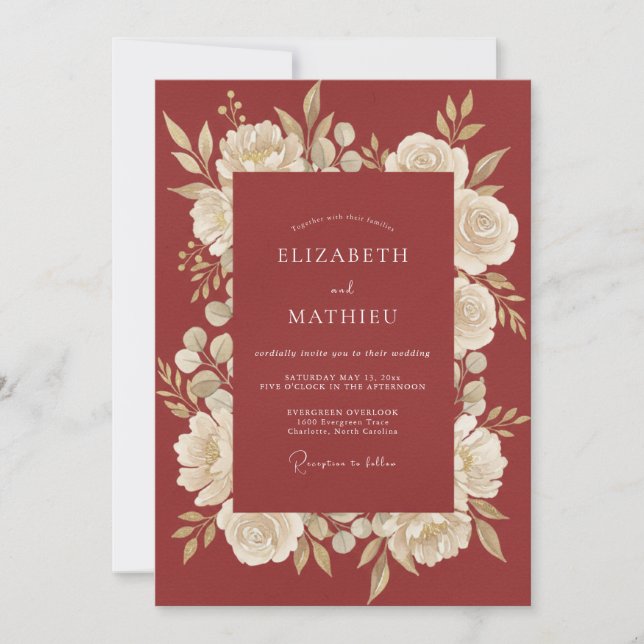 Crimson Botanical Romance Wedding Invitation (Front)