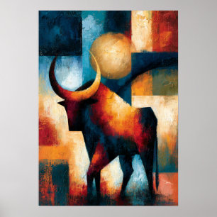 Crimson Bull Japanese Geometric Animal Art Poster