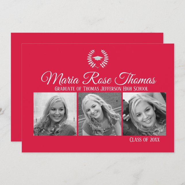 Crimson Cap & Leaves Grad Invitation 5" x 7" (Front/Back)