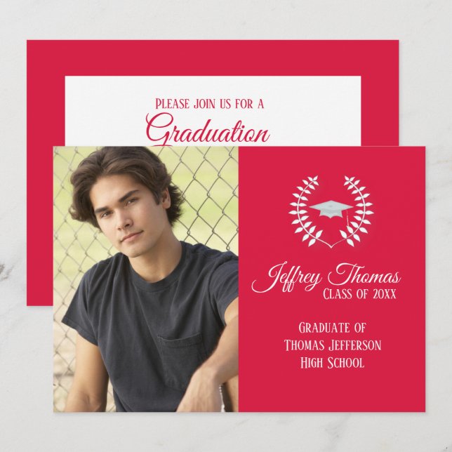 Crimson Cap & Leaves Grad Invitation 5" x 7" (Front/Back)
