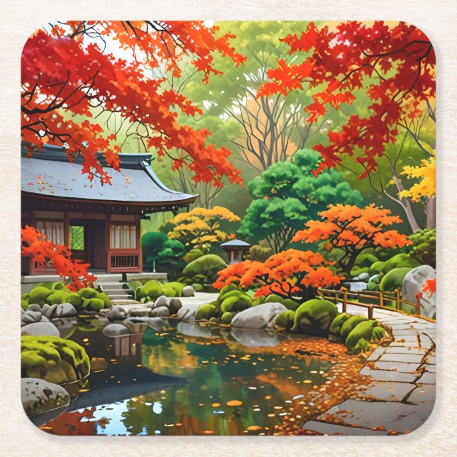 Crimson Cascade - Autumn in a Japanese Garden Square Paper Coaster (Front)