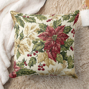 Crimson Champagne Poinsettia Holly Christmas Cushion