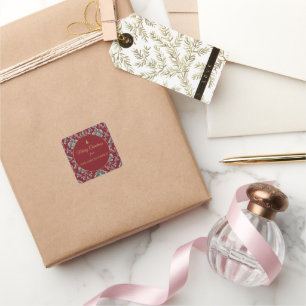 Crimson Charcoal Damask Christmas. Square Sticker