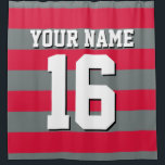 Crimson Charcoal Sports Jersey Preppy Stripe Shower Curtain<br><div class="desc">Preppy Striped Team Jersey / Sports Jersey / Football Jersey / Rugby Jersey with Custom Name Customise this with your own name or team name and a number. You can change the size, colour and placement of the text if you need to make changes, change the colour of or remove...</div>