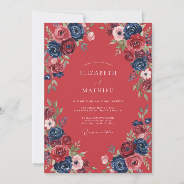 Crimson Cobalt Ranunculus Eucalyptus Wedding Invitation (Front)