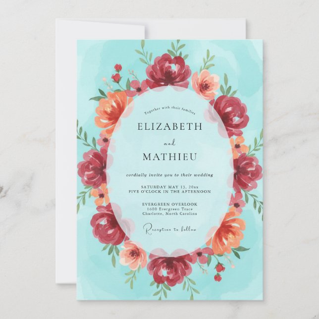 Crimson Coral Wreath Wedding Invitation (Front)