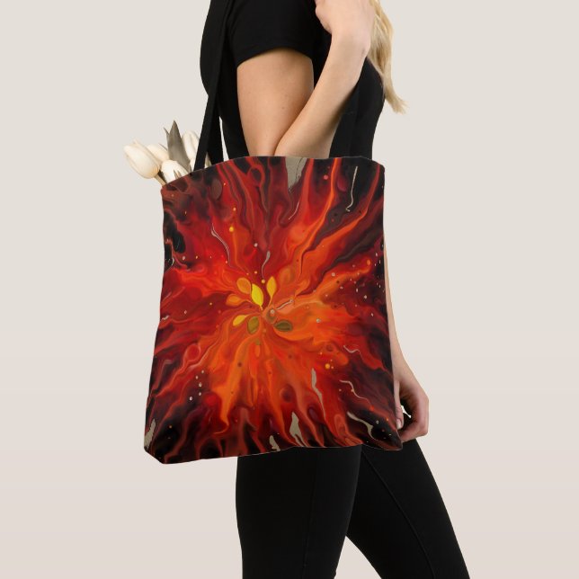 Crimson Core – Fiery Abstract Energy Burst Tote Bag (Close Up)