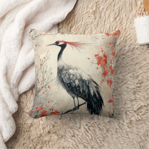 Crimson Crane Blossom Ink Wash (1) Cushion