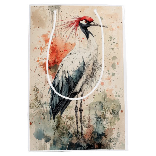 Crimson Crane Blossom Ink Wash (1) Medium Gift Bag (Front)