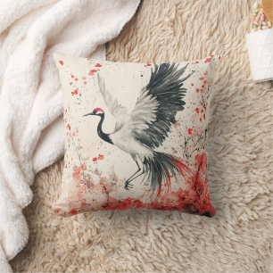 Crimson Crane Blossom Ink Wash (2) Cushion
