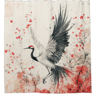 Crimson Crane Blossom Ink Wash (2) Shower Curtain