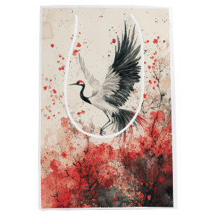 Crimson Crane Blossom Ink Wash (3) Medium Gift Bag