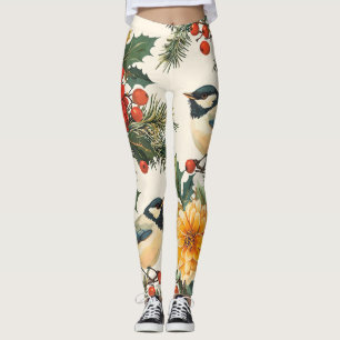 Crimson Dahlia Chickadee Christmas Cream Pattern Leggings