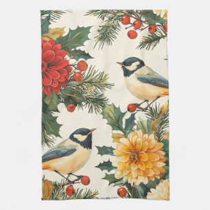 Crimson Dahlia Chickadee Christmas Cream Pattern Tea Towel