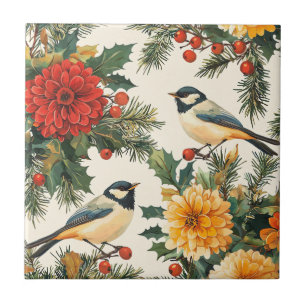 Crimson Dahlia Chickadee Christmas Cream Pattern Tile