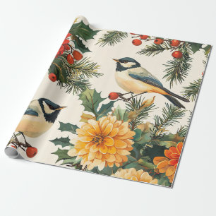 Crimson Dahlia Chickadee Christmas Cream Pattern Wrapping Paper