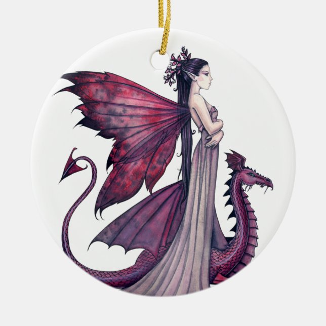 Crimson Dragon and Fairy Fantasy Art Ceramic Tree Decoration (Front)