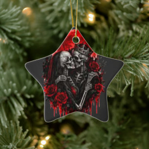 Crimson Embrace: Skeleton Lovers Ceramic Tree Decoration