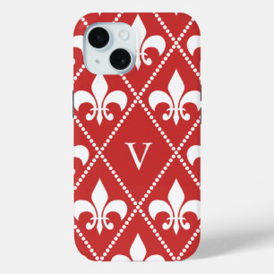 Crimson Fleur de Lis w/ monogram iPhone 15 Case