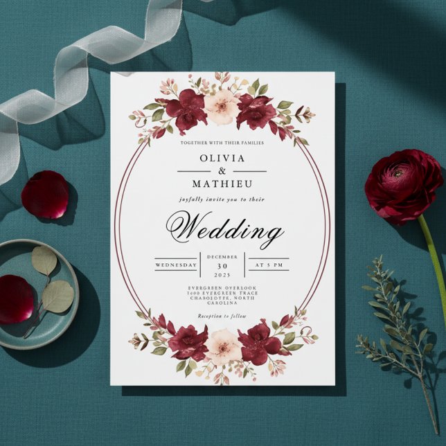 Crimson Floral Botanical Wedding Invitation (Creator Uploaded)