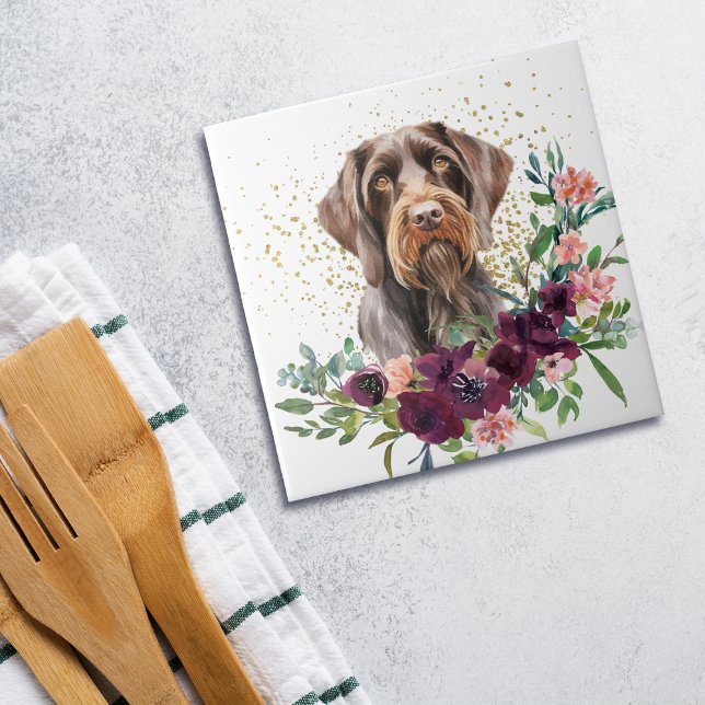 Crimson Floral Bouquet German Wirehaired Pointer Tile (Creator Uploaded)